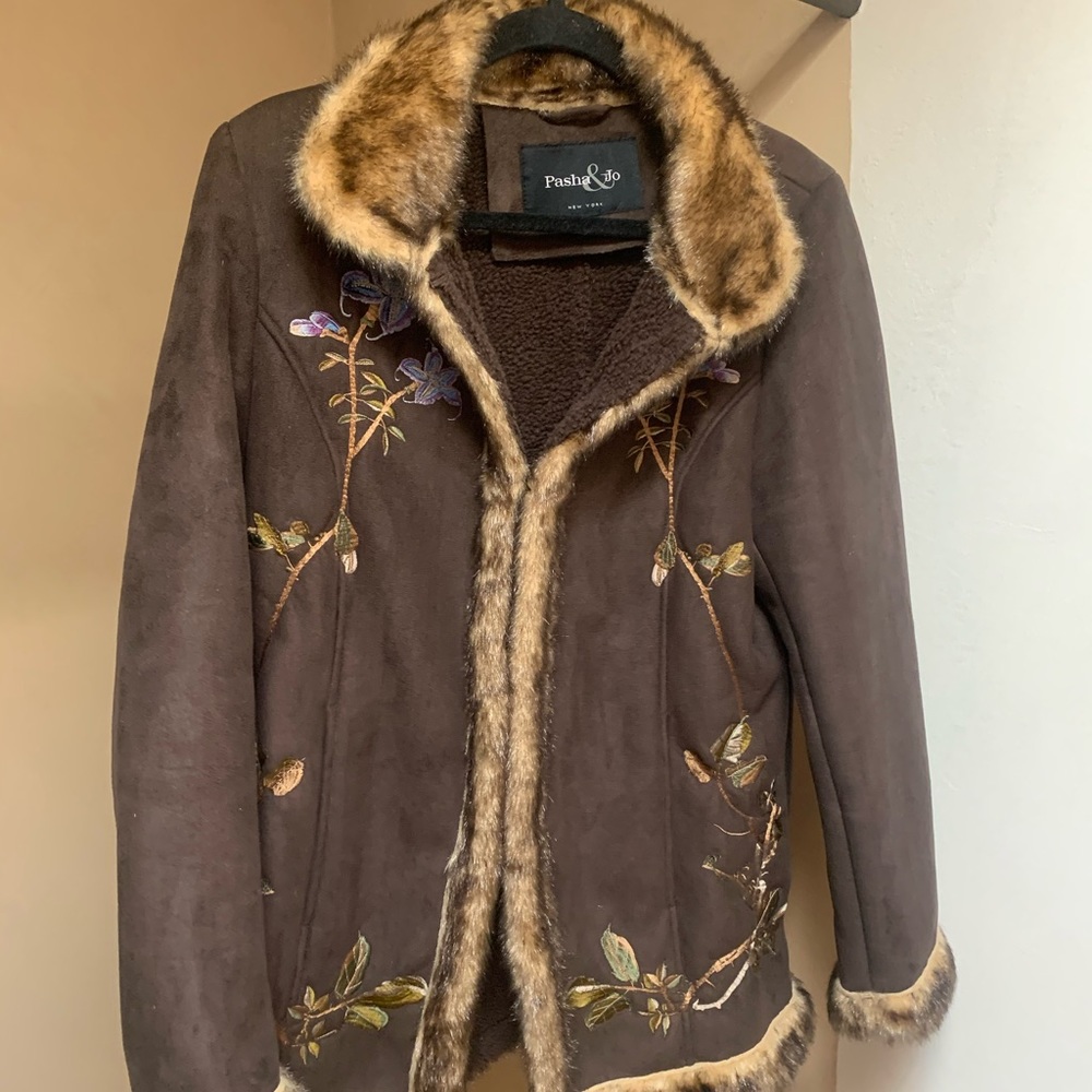 Pasha & Jo Embroidered Faux Fur Trimmed Jacket